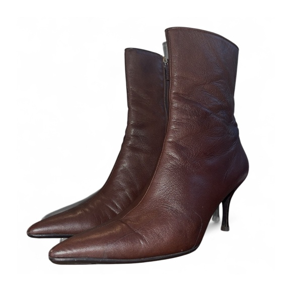 AUTHENTIC GUCCI Brown Leather Pointed Ankle Heel Boot Women’s 11 Designer - Picture 1 of 11